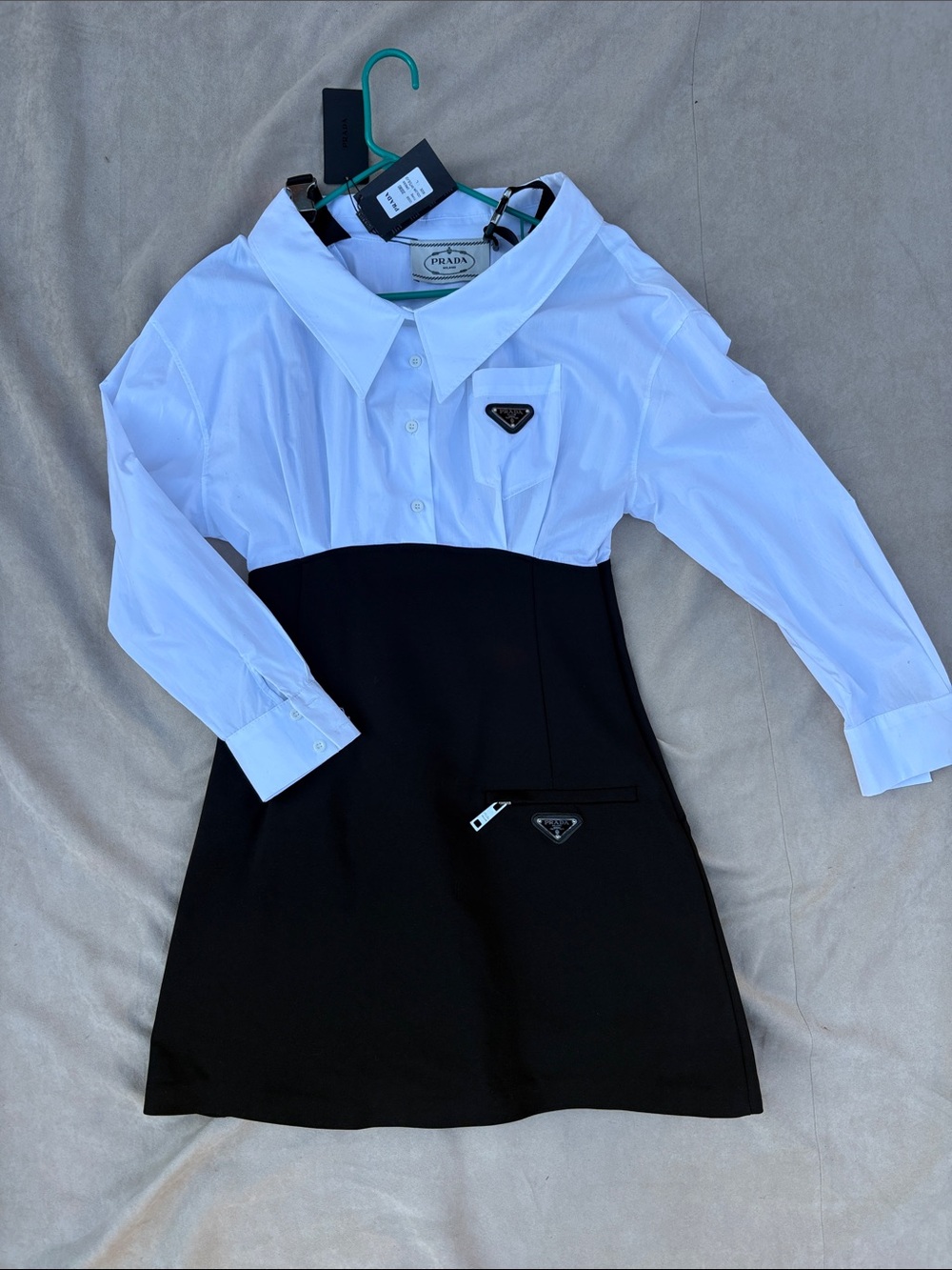 🐼 Prada Max Mara Shawl Collar Black & White Empire Mini Long Sleeve Dress L